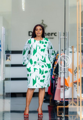 White with green geometric print shift dress